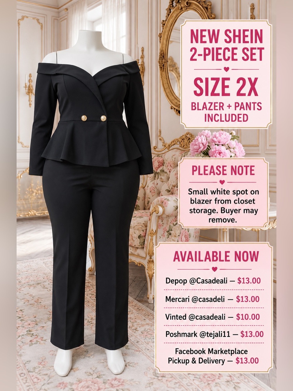 SHEIN Black Off-Shoulder Peplum Blazer & Pants Set